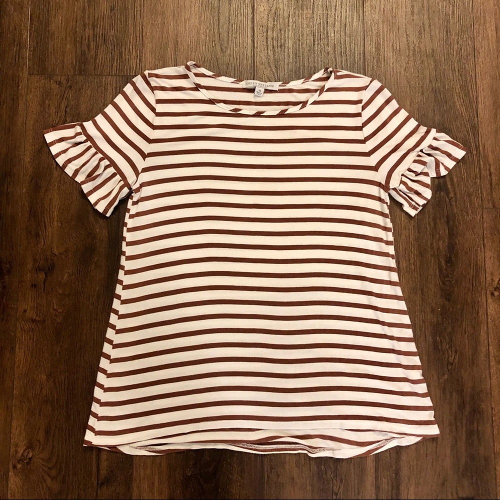 Green Envelope Women’s Soft Short Sleeved Striped Shirt Off White Brown XS